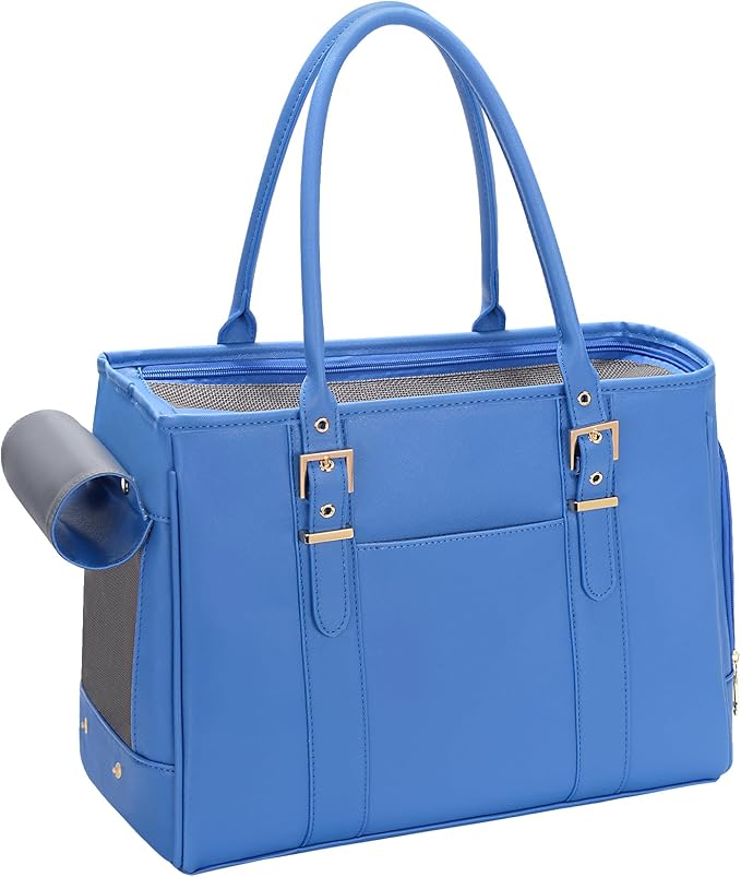 Fashion Pet Carrier Dog Purse Cat Bag Soft-Sided Carriers Travel Airline Approved, Stylish Leather Tote Handbag for Small Animal Puppy Kitten (Blue)-PurrikoPets