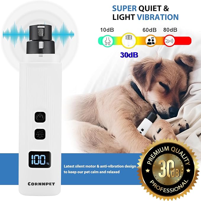 Dog Nail Grinder - 2-Speed Super Quiet and Low Vibration Electric Pet Nail Grinder - Rechargeable Dog Nail Trimmers for Small Dogs- Cat Nail Claw Clippers with 2 Level LED Lighting(White)-PurrikoPets