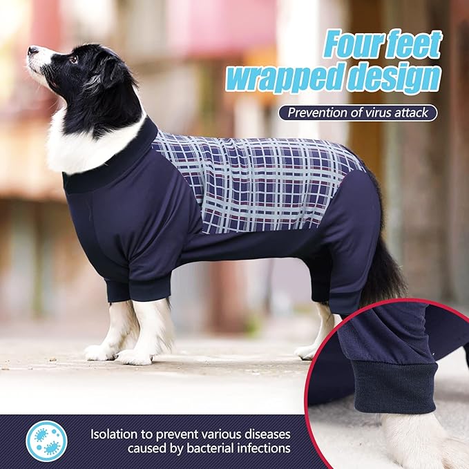 Dog Recovery Suit, Abdominal Wound After Surgery Wear, Anti Licking Bodysuit with Zipper, E-Collar & Cone Alternatives, Plaid Dog Spay Surgical Shirt Prevent Shedding(3XL, Blue)-PurrikoPets