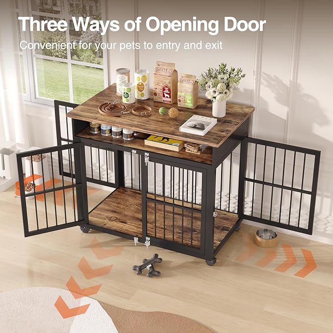 39.4" Dog Crate Furniture for Medium and Large Breed, Dog Kennel Furniture with Storage Shelf & Lockable Wheels, Heavy Duty Wooden End Side Table Pet Cage Indoor, Chew-Resistant, Brown-PurrikoPets