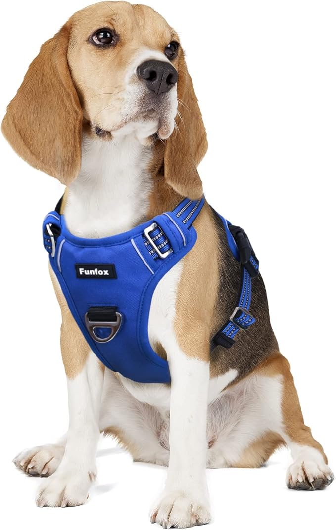Funfox Dog Harness No Pull, Adjustable Pet Vest Harness, Super Soft Material with Vertical Handle Easy Control, Reflective Night Walking, 2 Leash Clips for Medium Sized Dogs, Blue, M-PurrikoPets