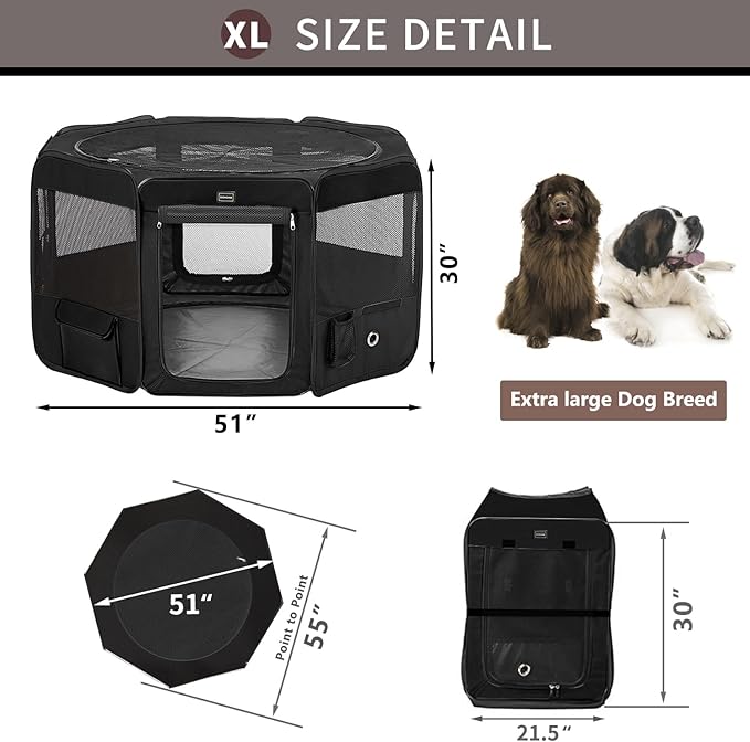 DONORO Dog Playpen Portable Pet Play Pens for Small Dog/Cat/Rabbit/Chicks, Cat Playpen Indoor/Outdoor with Carring Case, Removable Zipper Top and Bottom (Black, Extra Large (55"x55"x30"), 8)-PurrikoPets