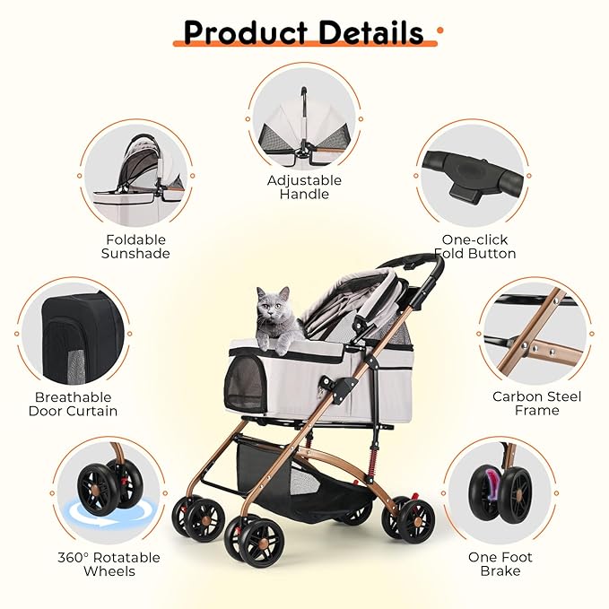3-in-1 Foldable Pet Stroller for Medium Dogs & Cats (50lbs) - Detachable Carrier, Car Seat, Storage Basket, 5" Lockable Wheels-PurrikoPets