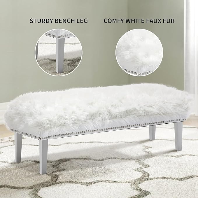 46 Inch White Bedroom Bench, Modern Multi-Purpose Bench with Wooden Legs, White Faux Fur Upholstered Bench for Bedroom, Living Room, or Entryway-PurrikoPets