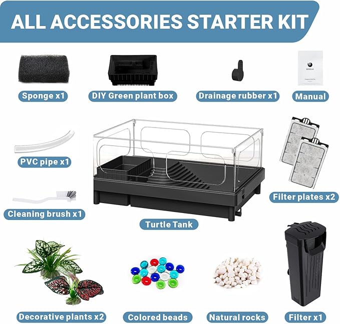 GOZILLA Small Turtle Tank Kit(Tank+Lamp+Filter), Acrylic Turtle Starter Kit with Adjustable Lamp, Reptile Habitat and Terrarium with Multi-Functional Areas for Small Reptiles. (Black Kit)-PurrikoPets