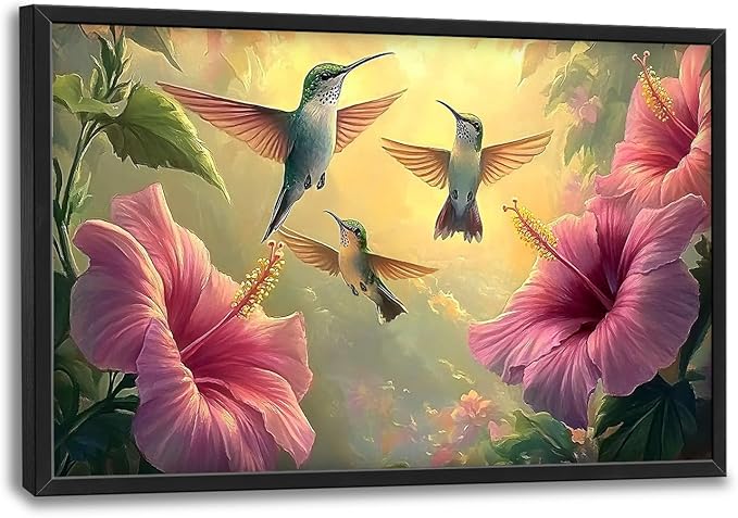 Framed Large Hummingbird Wall Art for Living Room, Oversized Rustic Bird Flower Wall Decor Floral Canvas Painting Nature Sunrise Pictures Modern Artwork for Bedroom Office Dinging Room 36"x24"-PurrikoPets