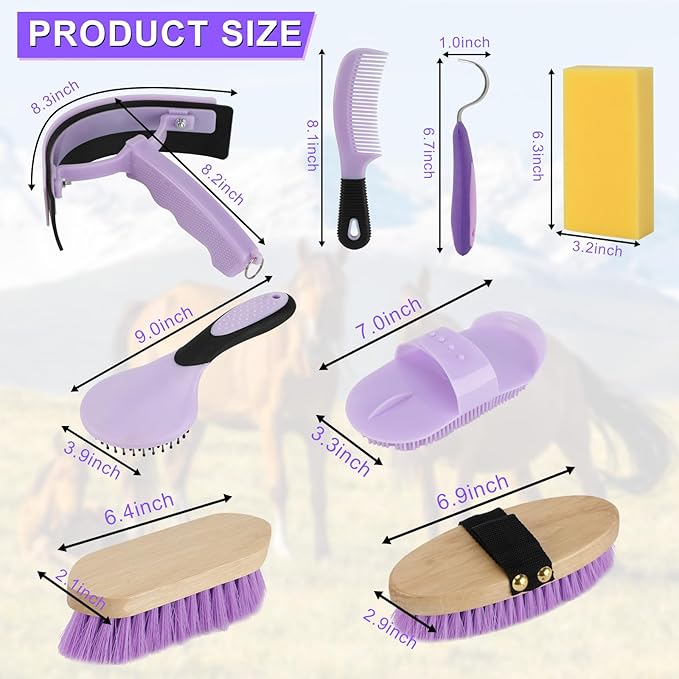 9 Pieces Grooming Kit with Tote Bag, Sweat Scraper, Sponge, Hoof Pick, Curry Comb for Horse Riders Beginners (Purple)-PurrikoPets