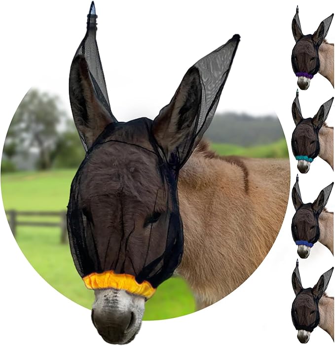 Donkey Fly Mask with Long Ears (Orange) Made in USA - Mule Fly Mask with Ears Protection from Insects and Bugs, Small Donkey Soft Mesh Fabric with Adjustable Fastener, Face Cover Supplies for Donkeys-PurrikoPets