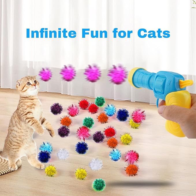 Dorhui Cat Toy Gun Launcher - 30 Pcs Sparkle Pom Pom Balls and Ball Launcher, Fetch Toy Gun Shooter, Interactive Glitter Balls for Indoor Cats and Kitty Gifts-PurrikoPets