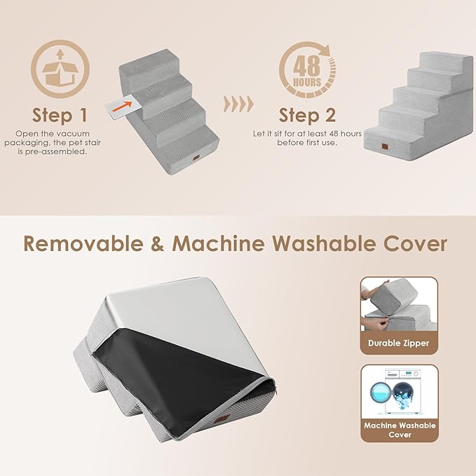 EHEYCIGA Dog Stairs for High Bed 22.5" H, 5-Step Dog Steps for Bed, Pet Steps for Small Dogs and Cats, Non-Slip Balanced Pet Ramp Indoor, Light Grey-PurrikoPets