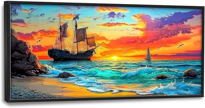 Framed Large Ship Wall Art for Living Room, Oversized Coastal Beach Boat Wall Decor Nautical Seascape Sailboat Canvas Painting Modern Artwork Home Decoration for Living Room Bedroom 60"x30"-PurrikoPets