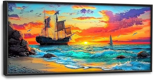 Framed Large Ship Wall Art for Living Room, Oversized Coastal Beach Boat Wall Decor Nautical Seascape Sailboat Canvas Painting Modern Artwork Home Decoration for Living Room Bedroom 60"x30"-PurrikoPets