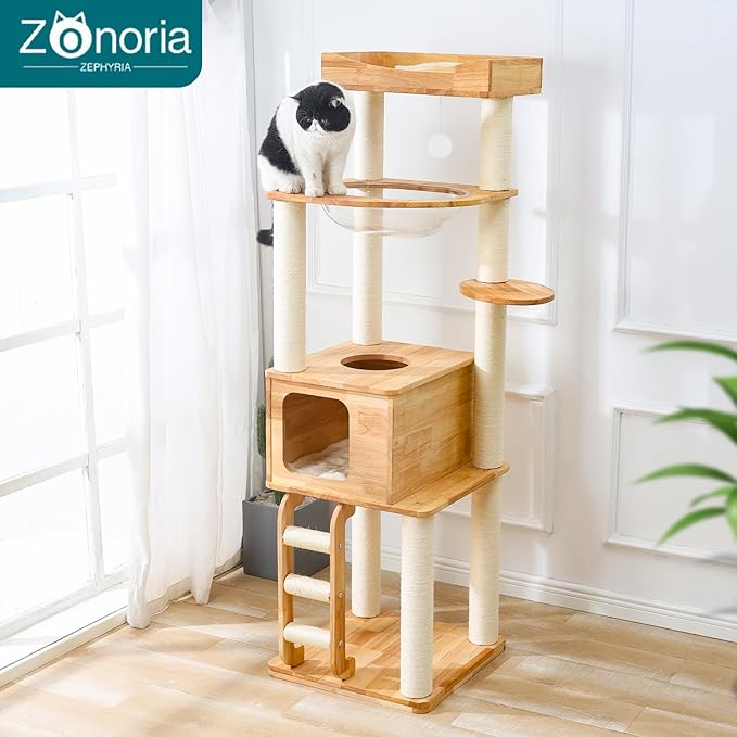 65-inch Tall Cat Tree，Cat Tower for Indoor Cats with Feel-Safe Enclosed Cat Cave、Scratching Post、Space Capsule Nest and Cat Ladder-PurrikoPets
