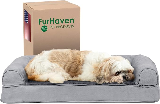 Furhaven Cooling Gel Dog Bed for Medium/Small Dogs w/ Removable Bolsters & Washable Cover, For Dogs Up to 35 lbs - Plush & Suede Sofa - Gray, Medium-PurrikoPets