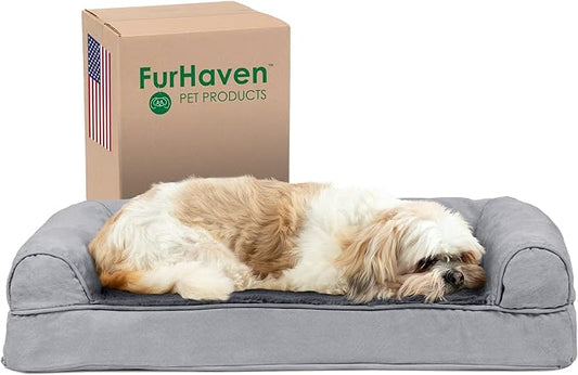 Furhaven Cooling Gel Dog Bed for Medium/Small Dogs w/ Removable Bolsters & Washable Cover, For Dogs Up to 35 lbs - Plush & Suede Sofa - Gray, Medium-PurrikoPets