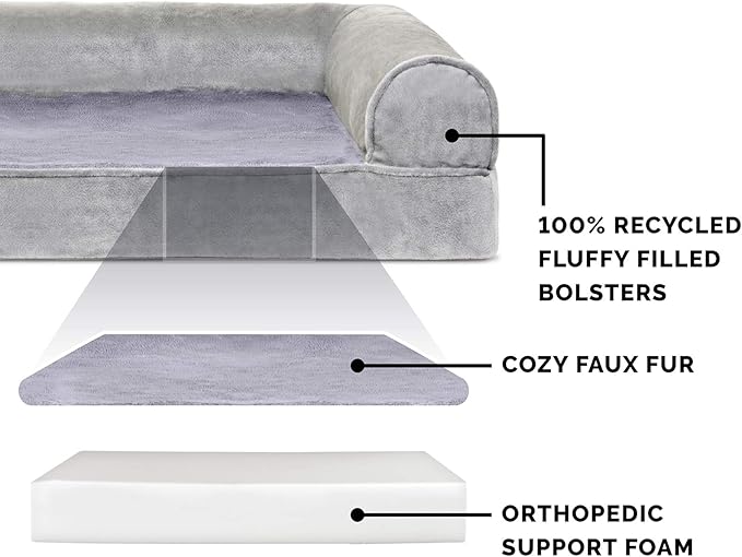 Furhaven Orthopedic Dog Bed for Large Dogs w/ Removable Bolsters & Washable Cover, For Dogs Up to 125 lbs - Faux Fur & Velvet Sofa - Smoke Gray, Jumbo Plus/XXL-PurrikoPets