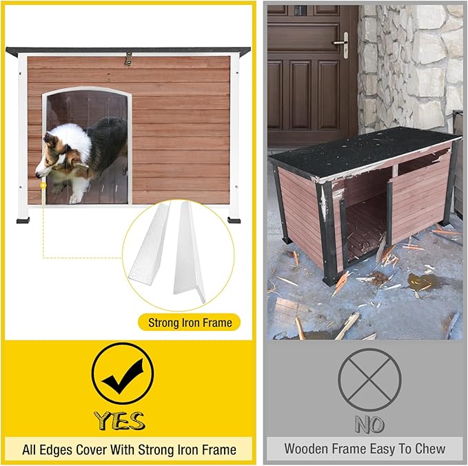 Dog House Outdoor & Indoor Wooden Dog Kennel for Winter with Raised Feet Weatherproof for Small & Medium & Large Dogs,Unique All-Around Iron Frame，Light Brown-PurrikoPets
