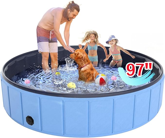 Giant Dog Pool 97"x16", Hyperzoo Foldable Dog Swimming Pool, Hard Plastic PVC Leakproof Doggie Wading Collapsible Pet Bathing Tub for Puppy Small Medium Large Dogs and Kids, Blue-PurrikoPets