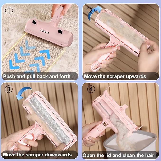 ACE2ACE Pet Hair Removal Tool, Lint Roller Brush for Cats and Dogs, Reusable Self Clean Pet Fur Remover, Pet Hair Remover for Laundry, Carpet, Furniture, Couch, Sofa and Bedding (Pink)-PurrikoPets