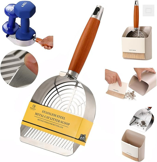 Extra-Thick Stainless Steel Cat Litter Scoop Heavy Duty Metal Litter Scooper with Holder Easy Remove Stuck Litter-PurrikoPets