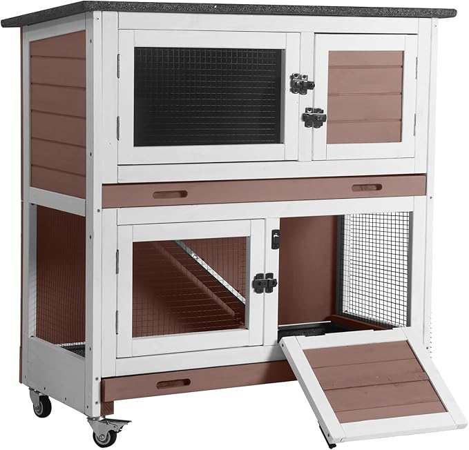 Aivituvin 2-Tier Rabbit Hutch with Tarp Door and Wheels Bunny Cage Indoor Outdoor Guinea Pig Cage Expandable with Pet Playpen 36" L, Brown-PurrikoPets