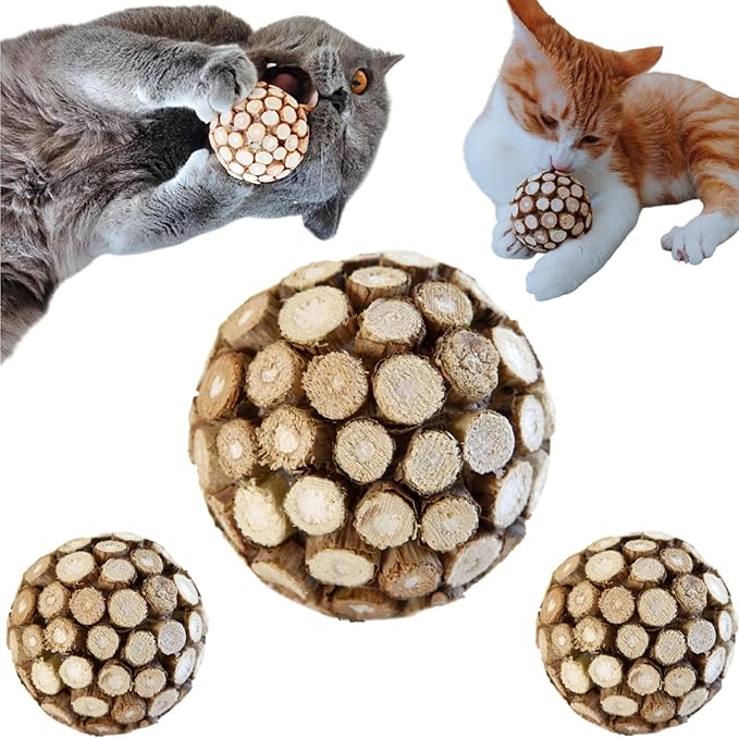 3PCS Cat Ball Toy,Silvervine Ball with Catnip Gall Fruit silvervine Sticks Powder Inside,Catnip Toys for Indoor Cats,Kitten Cleaning Teeth Cat Chew Toy-PurrikoPets