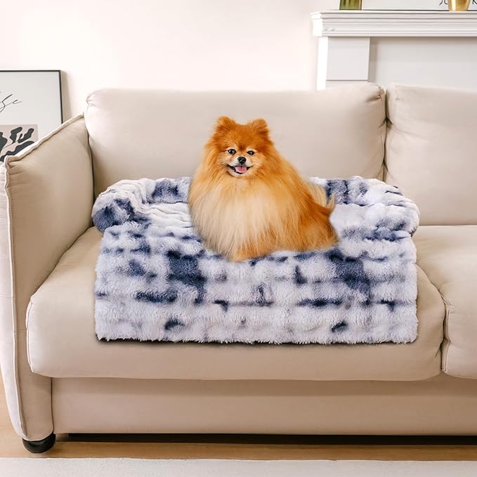 FUNNY FUZZY Pet Fluffy Fuzzy Couch Cover, Calming Washable Dog Bed Sofa Protector Pets Mat for Small Dogs and Cats (Tie-dye Blue,27.56 × 24.02 × 5.51 in)-PurrikoPets