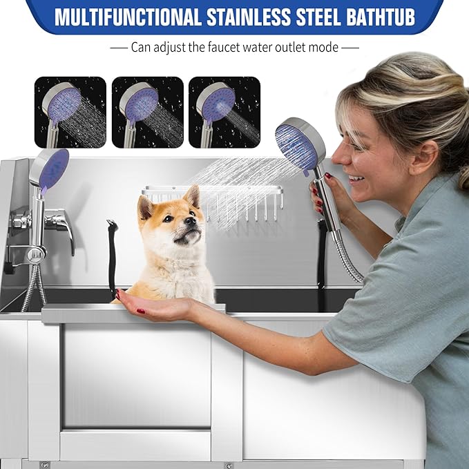 Dog Washing Station 38'' Stainless Steel Pet Grooming Tub for Large Dogs Over-Size Professional Dog Grooming Bathtub Station Wash Shower Sink Pet Grooming Bathtub Station-PurrikoPets