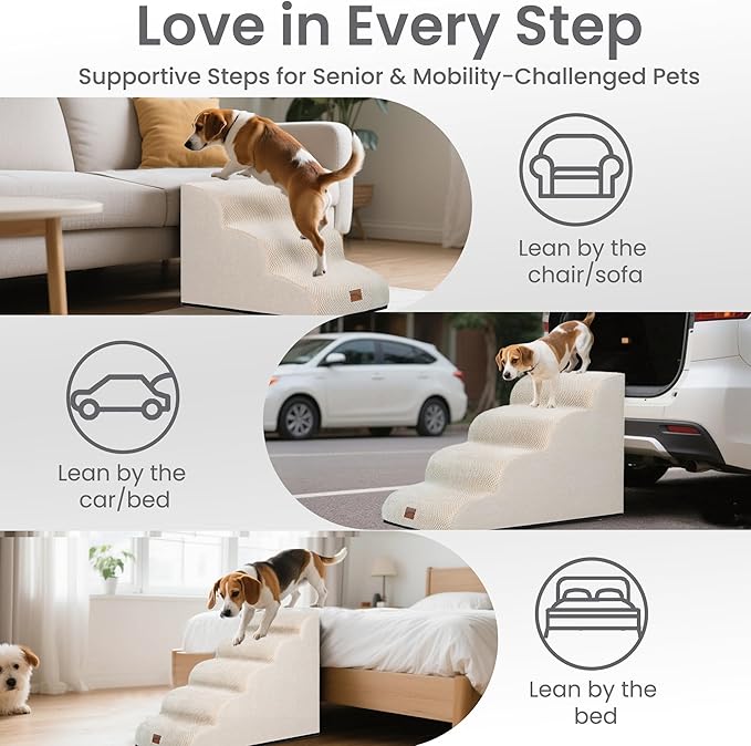 GoGoBunny Ramp Dog Stairs for High Beds 22.6" H, 5-Step Dog Slope Stairs with Durable Waterproof Fabric Cover, Pet Steps for Old Large Dogs Climbing, Non-Slip Sturdy Indoor Step, Beige-PurrikoPets