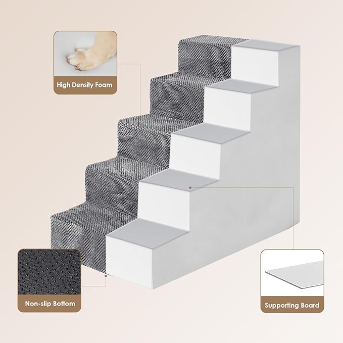 EHEYCIGA Dog Stairs for High Bed 22.5" H, 5-Step Dog Steps for Bed, Pet Steps for Small Dogs and Cats, Non-Slip Balanced Pet Ramp Indoor, Grey-PurrikoPets