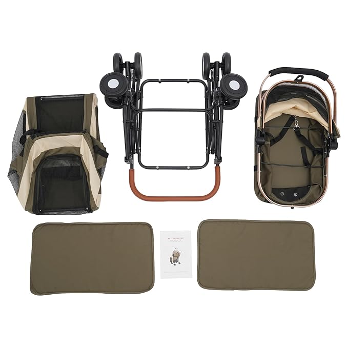 Foldable Pet Stroller for Small & Medium Dogs, Double Dog & Cat Stroller with 3-in-1 Travel System, Detachable Pet Carrier with Wheels for Cats and Dogs up to 77 lbs, Dark Green-PurrikoPets