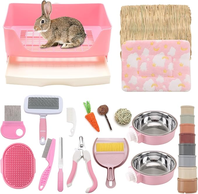25 Pcs Large Rabbit Starter Kit, Bunny Litter Box with Drawer Animal Grooming Kit Stacking Cups Bowl Blankets Mat with Cleaning Set for Adult Guinea Pig, Ferret, Hamster, Bunnies Accessories (Pink)-PurrikoPets
