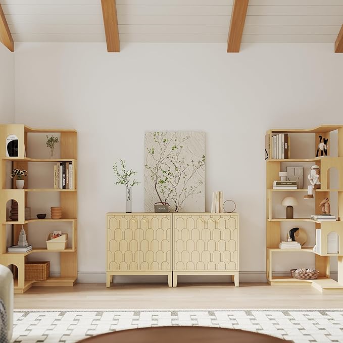 Farmhouse Storage Cabinet, Modern Buffet Sideboard with Doors, Fish Scale Pattern, Boho Cabinet for Dining Room, Natural, 2 Pieces-PurrikoPets