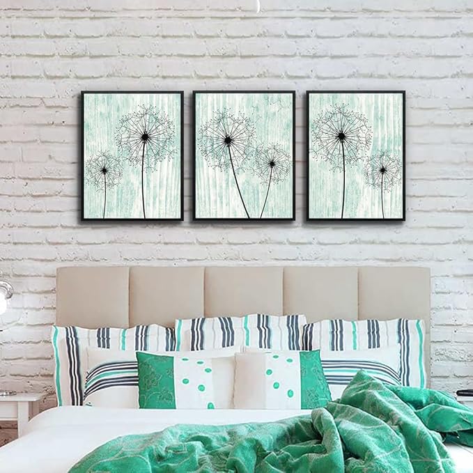 AHUASJART Black Framed Wall Art for Living Room Wall decor for Bedroom Room Decor light green background Pictures Dandelion Paintings posters kitchen Home Decorations 3 Piece Framed Prints Artworks-PurrikoPets