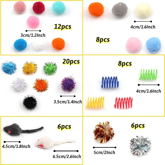 60 Pack Cat Toys - Assorted Kitten, Mouse, Crinkle & Pom Pom Balls-PurrikoPets