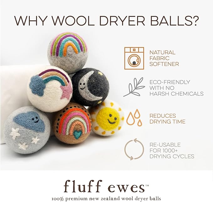 Fluff Ewes Wool Dryer Balls 6 Pack Premium New Zealand Wool Laundry Balls for Dryer, No Static Dryer Balls Laundry Reusable, XL Wool Dryer Balls Cute, Baby Dryer Balls for Dryers - Rainbow or Shine-PurrikoPets