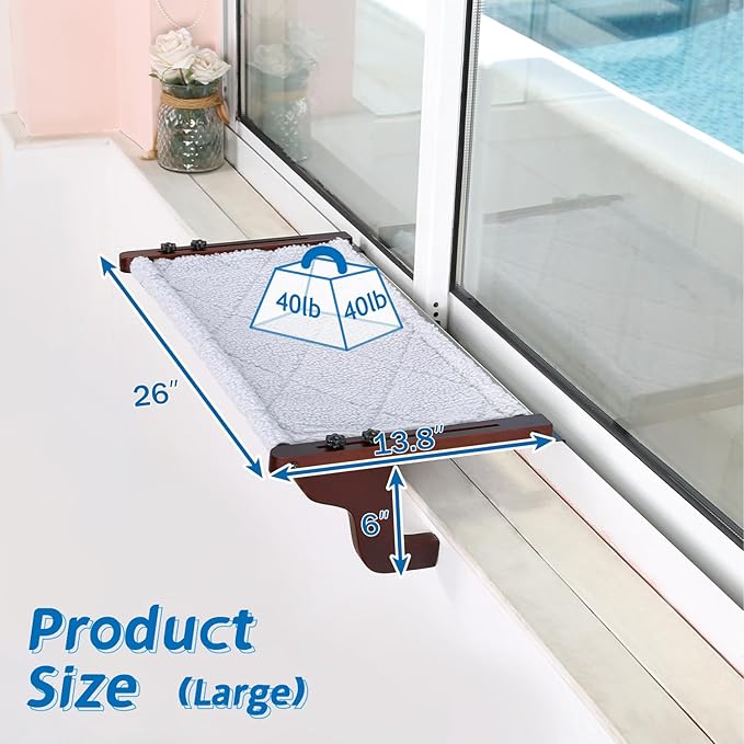 Easy Seat Cat Perch for Window Sill - Hammock Design w/Premium Wood & Robust Metal Frame - Cat Window Seat for Large Cats and Kittens (Dark Stained Wood w/Gray Bed, Large (26''W x 14''D))-PurrikoPets