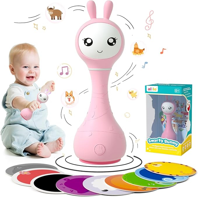 alilo Smarty Bunny Baby Rattle Musical Light Up Toys, Infants Newborns Baby Toys 0-3-6-12-18-24 Months,1 Year Old Boy Girl Gifts, 4 Music Modes and Color Recognition Function with 9 Color Card-PurrikoPets