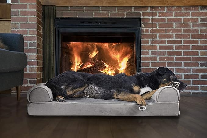 Furhaven Orthopedic Dog Bed for Large/Medium Dogs w/ Removable Bolsters & Washable Cover, For Dogs Up to 55 lbs - Faux Fur & Velvet Sofa - Smoke Gray, Large-PurrikoPets