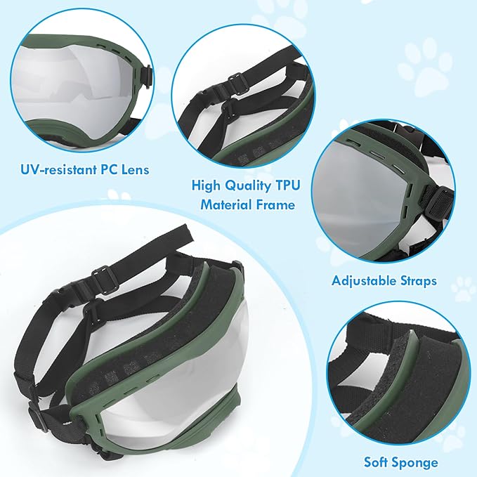 Dog Goggles for Large Dogs, UV Wind Dust Fog Protection, Soft Frame Adjustable Dog Sunglasses, Summer Driving & Winter Snow Eyewear, Tactical Pet Glasses with Elastic Strap (Green)-PurrikoPets