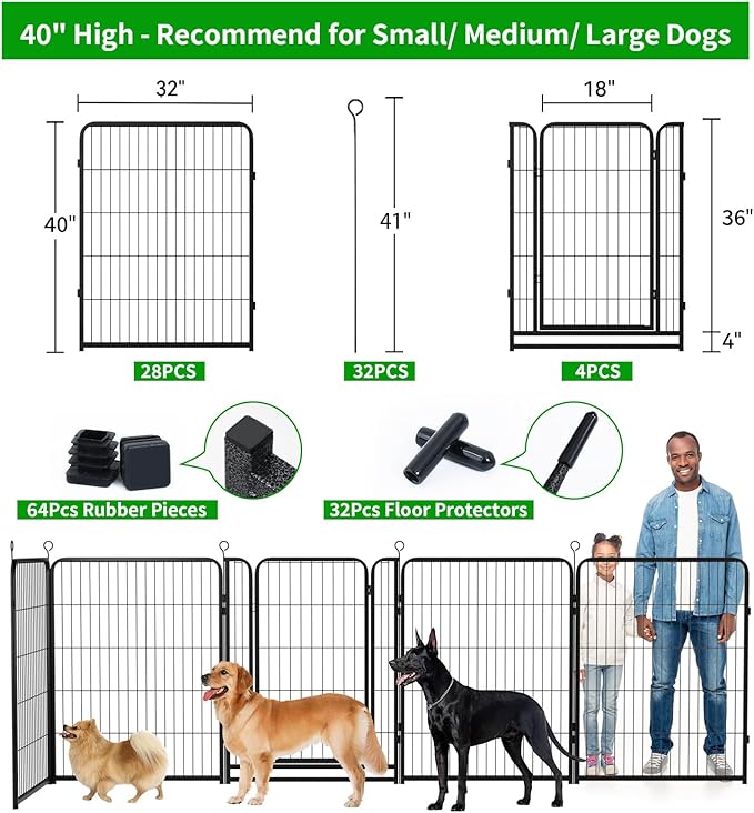 Dog Playpen Outdoor Extra Wide 32 Panels Heavy Duty Dog Fence 40" Height Anti-Rust with Doors Portable for RV Camping Yard, Total 84FT, 561 Sq.ft, Snowy Black-PurrikoPets