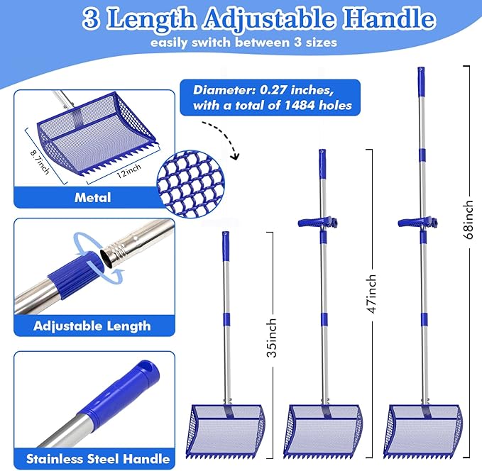 12 Inch Chicken Poop Scooper & Rake 2-in-1, Large Metal Shovel Head, Rubber Handle Stainless Steel Chicken Litter Scoop for Chicken Coops, Litter Screening Scoop (35 to 65in) US Patent Pending (Blue)-PurrikoPets