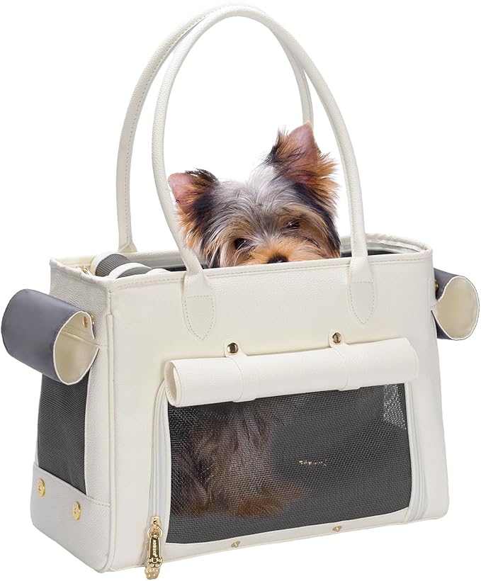 Fashion Pet Carrier Purse for Small Cat and Dog, Luxury Pu Soft-Sided Tote Bag with Large Pockets for Dogs and Puppies (White, 15.8" L x 7.5" W x 11.8" H)-PurrikoPets