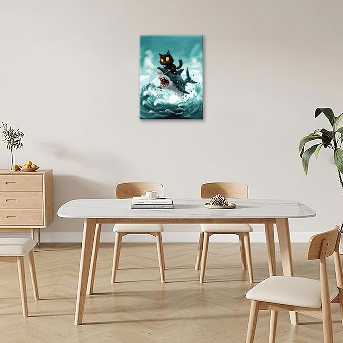 Funny Black Cat Bathroom Wall Art Cute Cat Riding Shark Canvas Wall Decor Animal Kitten Pictures Painting Print Artwork Framed Decorations Gifts for Cat Lover Kids Room Bedroom 24"x20"-PurrikoPets