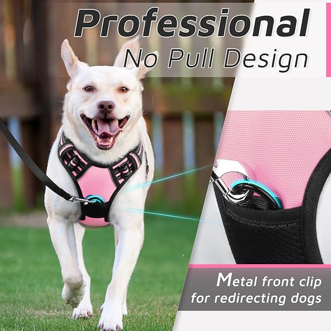 Eagloo Dog Harness for Large Dogs, No Pull Service Vest with Reflective Strips and Control Handle, Adjustable and Comfortable for Walking, No Choke Pet Harness with 2 Metal Rings, Pink, L-PurrikoPets
