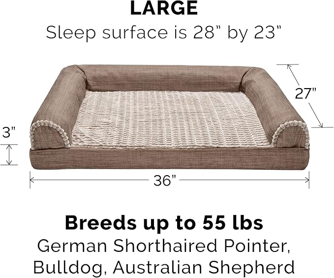 Furhaven Cooling Gel Dog Bed for Large/Medium Dogs w/ Removable Bolsters & Washable Cover, For Dogs Up to 55 lbs - Luxe Faux Fur & Performance Linen Sofa - Woodsmoke, Large-PurrikoPets