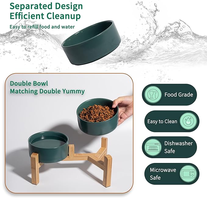 Elevated Ceramic Dog Bowl Set - Raised Dog Bowls with Non-Slip Bamboo Stand - Dog Food and Water Bowl Set - Double Dog Feeding Bowls - Suitable for Small and Medium Dogs - 28.74 OZ - 3.6 CUPS - 850 ML-PurrikoPets