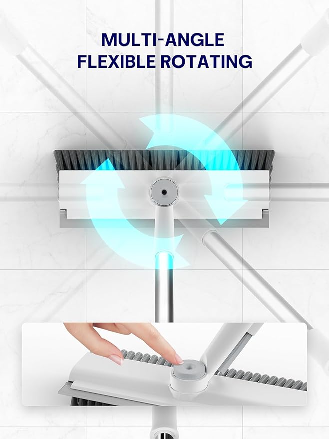 Floor Scrub Brush with Long Handle, 3 in 1 Scrape and Heavy-Duty Stiff Bristle Floor Scrubber Brush with Squeegee and Tweezer for Cleaning Tile Wall Deck Bathroom Patio Garage Kitchen (White)-PurrikoPets