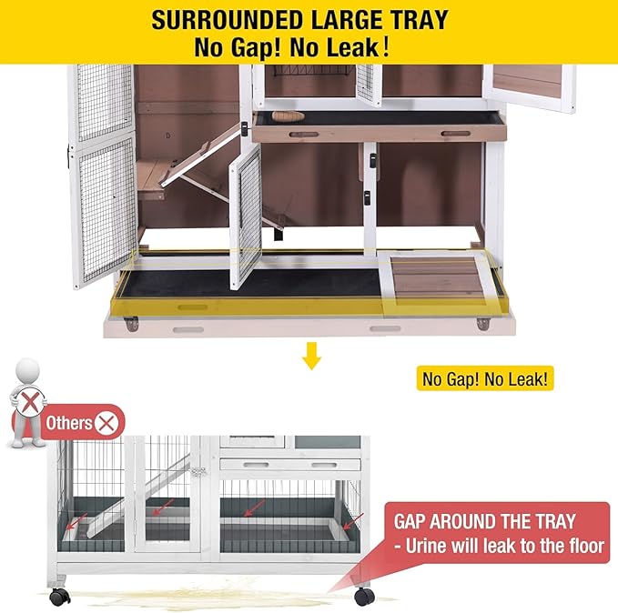 Aivituvin Rabbit Hutch Bunny Cage with Wheels Indoor Outdoor 47" Two Story Guinea Pig Cage with 2 Deep No Leak Tray-PurrikoPets