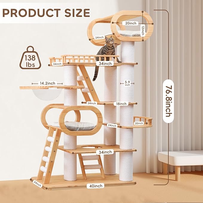 76.8'' Tall Modern Large Cat Tree,Multi-Level Wood Cat Tower for Indoor Cats Large Adults,Luxury Heavy Duty Cat Condo with Cushion,Scratching Posts,Clear Hammock Activity (76.8inch)-PurrikoPets